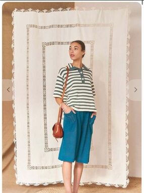 Demylee Hedy Stripe Polo Top M Green White 100% Cotton Knit Short Sleeve